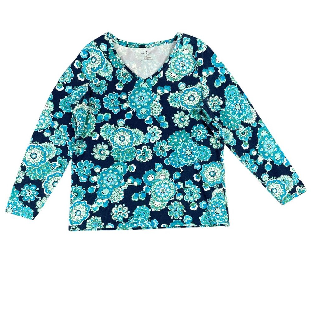 Talbots Top Womens Size 1X Blue Floral Work Office Capsule Casual Classic V Neck